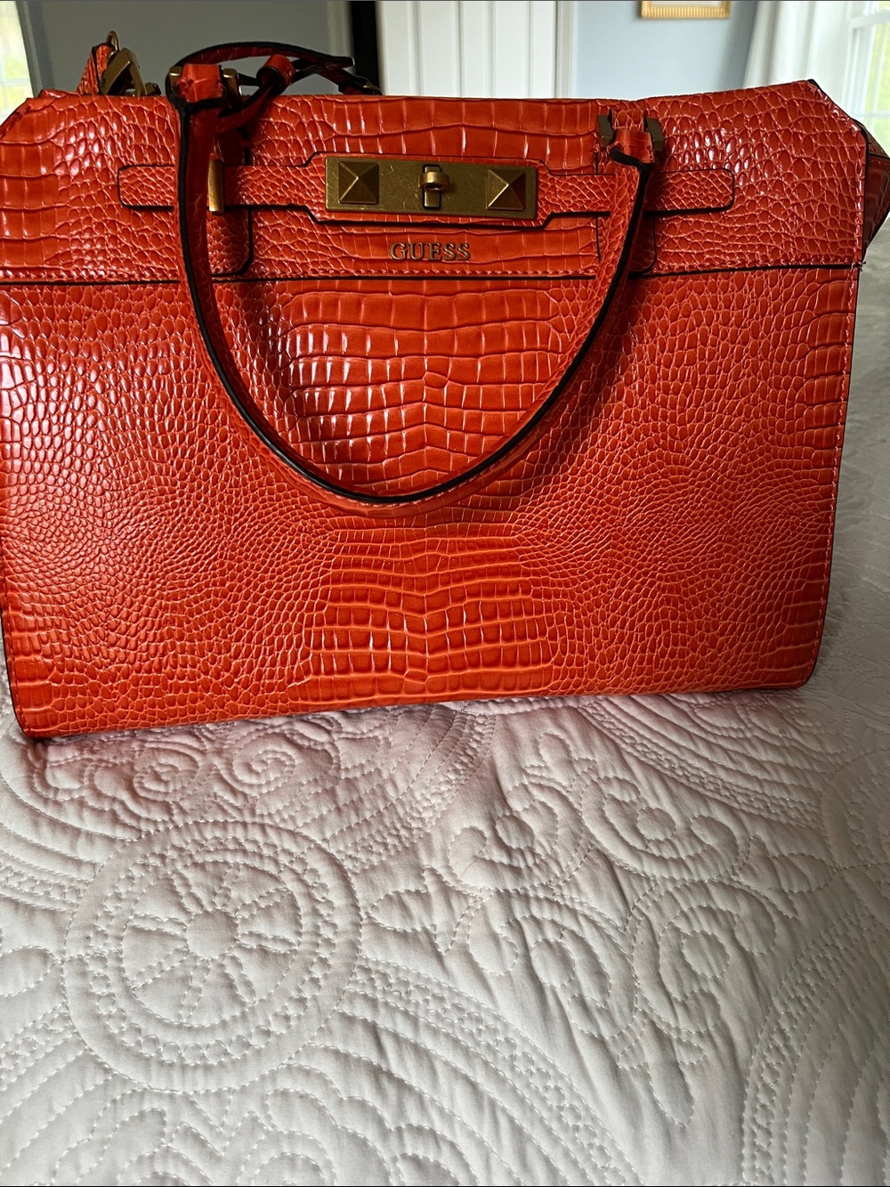GUESS bright Orange Croc-Embossed Satchel with Gold Hardware